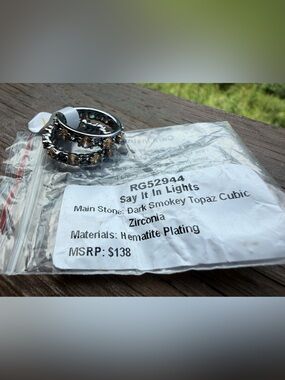 BP Bomb Party Say It In Lights Hematite Ring Dark Smokey Topaz size 7 New